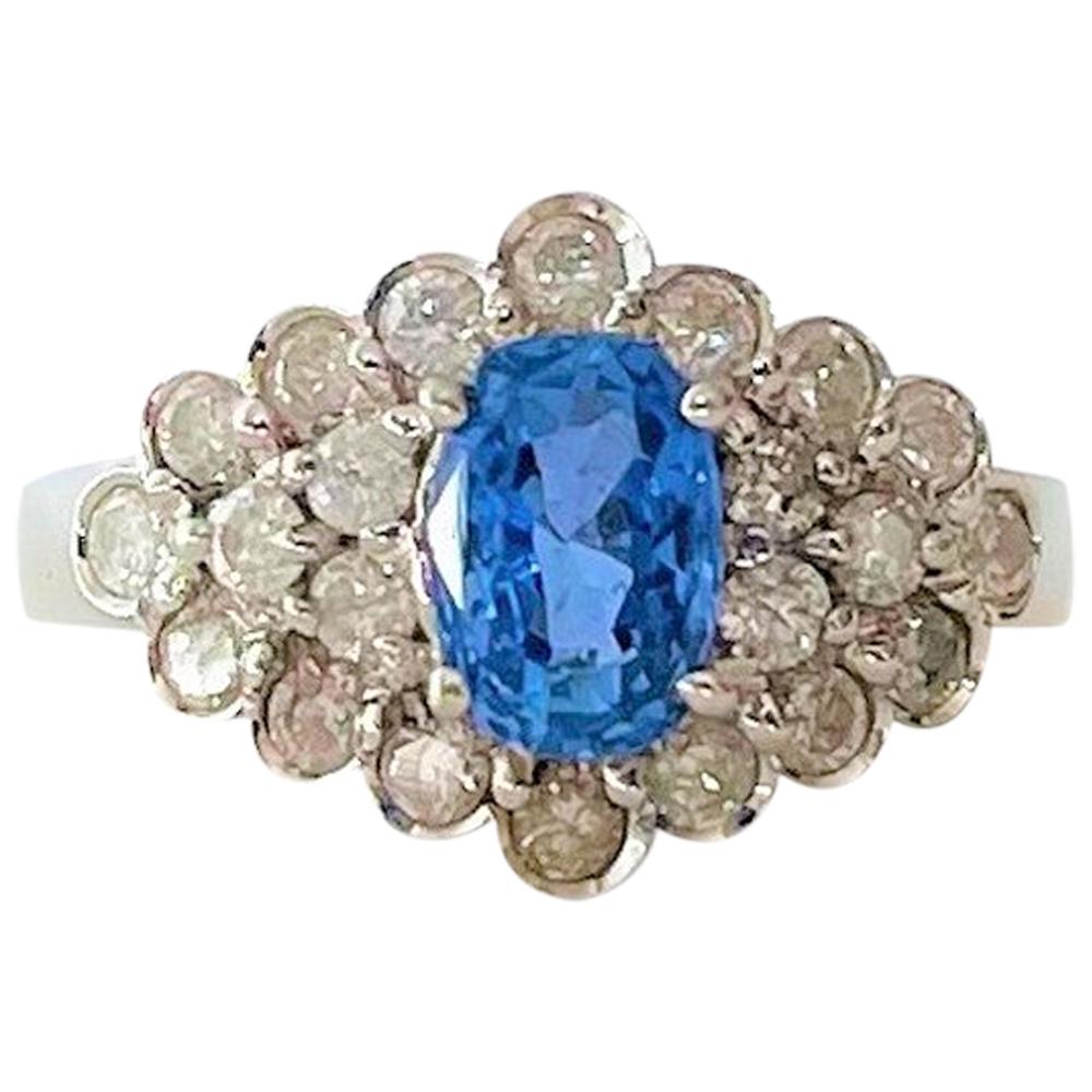 14 Karat White Gold 1.35 Carat Blue Sapphire and .80 Carat Diamond Ring