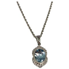 14 Karat White Gold 1.40 Carat Aquamarine and Diamond Necklace