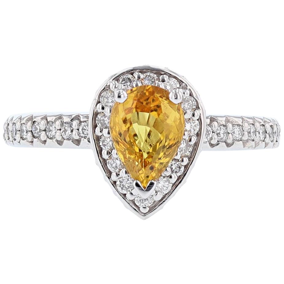 14 Karat White Gold 1.40 Carat Pear Shaped Yellow Sapphire Diamond Ring