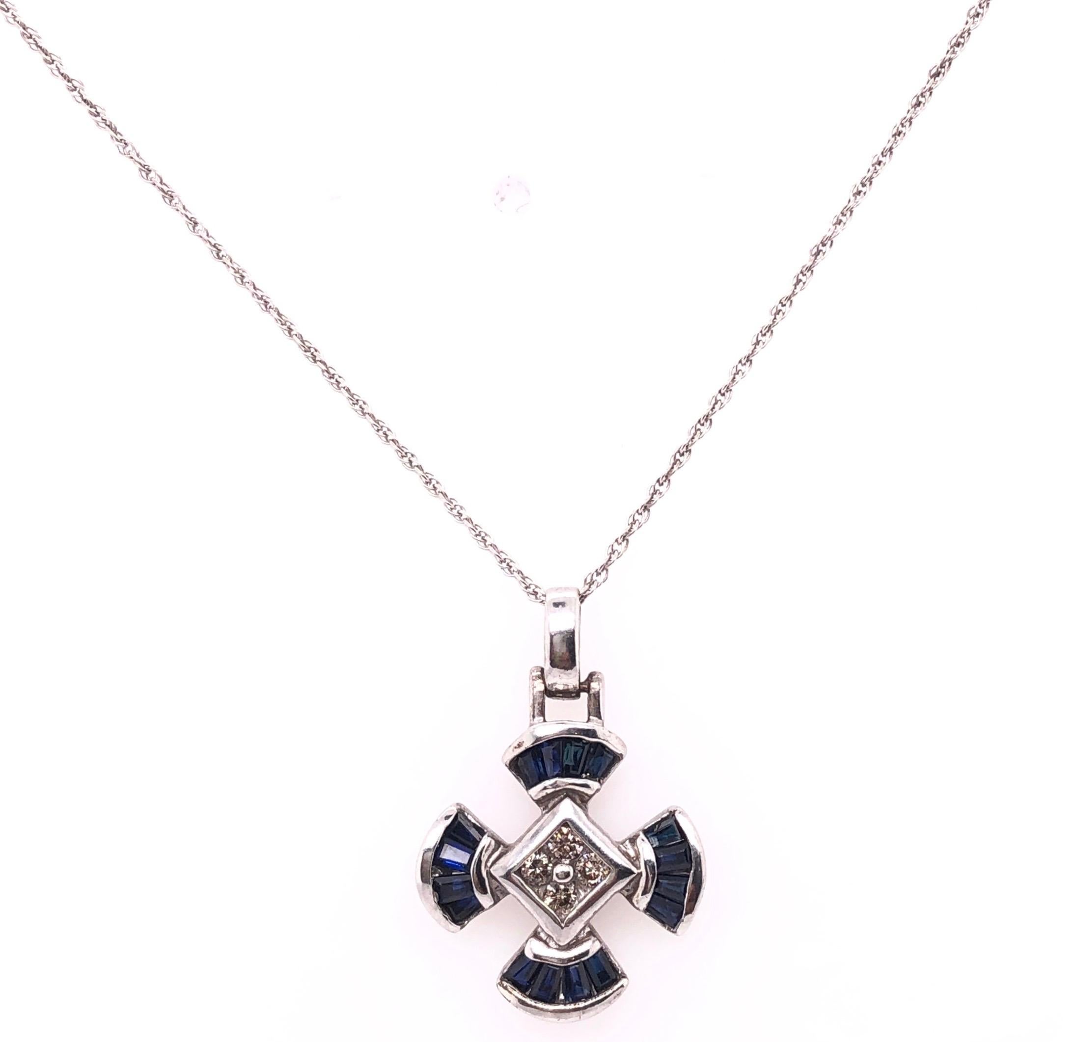 14 Karat White Gold 15 Inch Sapphire and Diamond Pendant Necklace
0.25 total diamond weight
2.04 grams total weight.