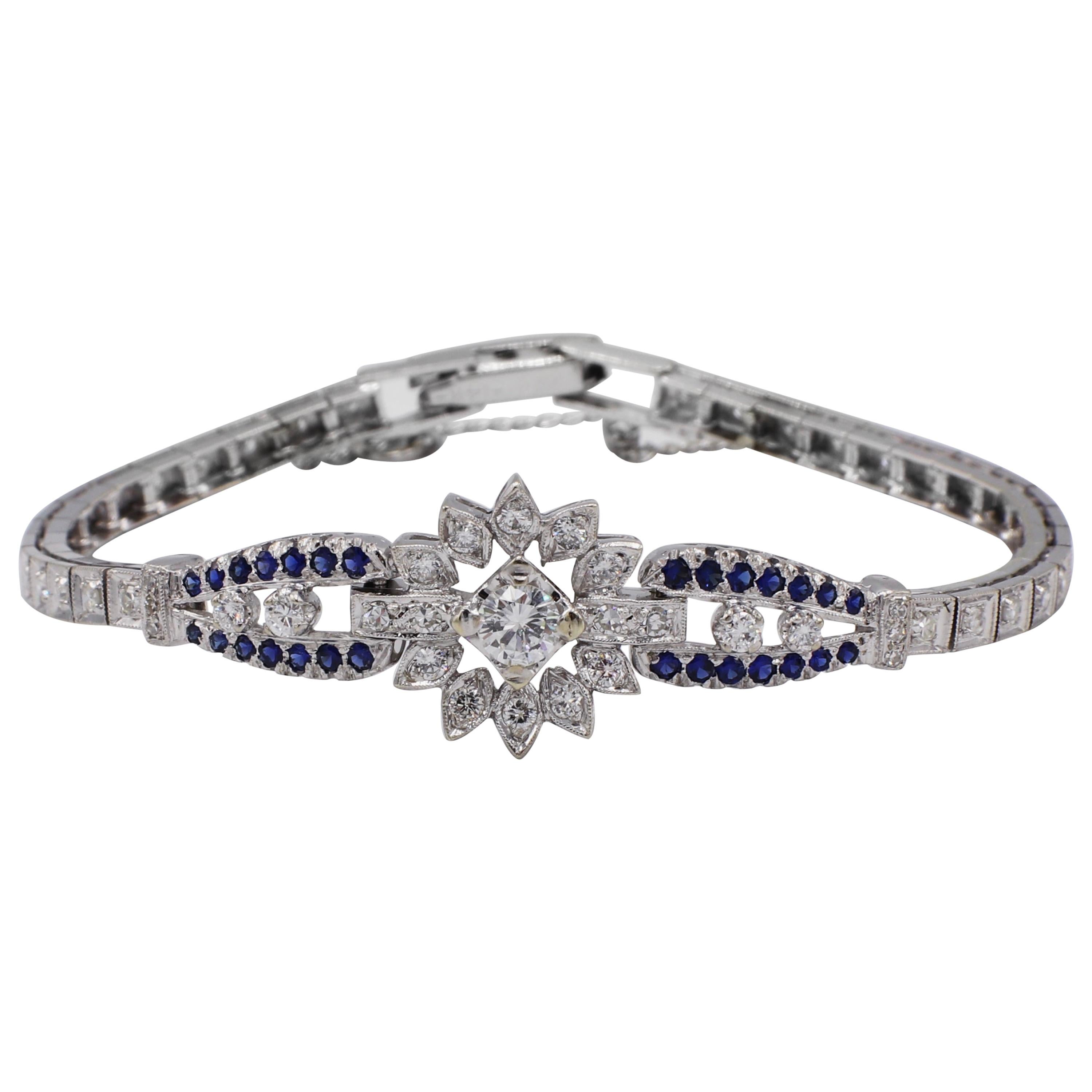 14 Karat White Gold 1.50 Carat Diamond and Blue Sapphire Bracelet
