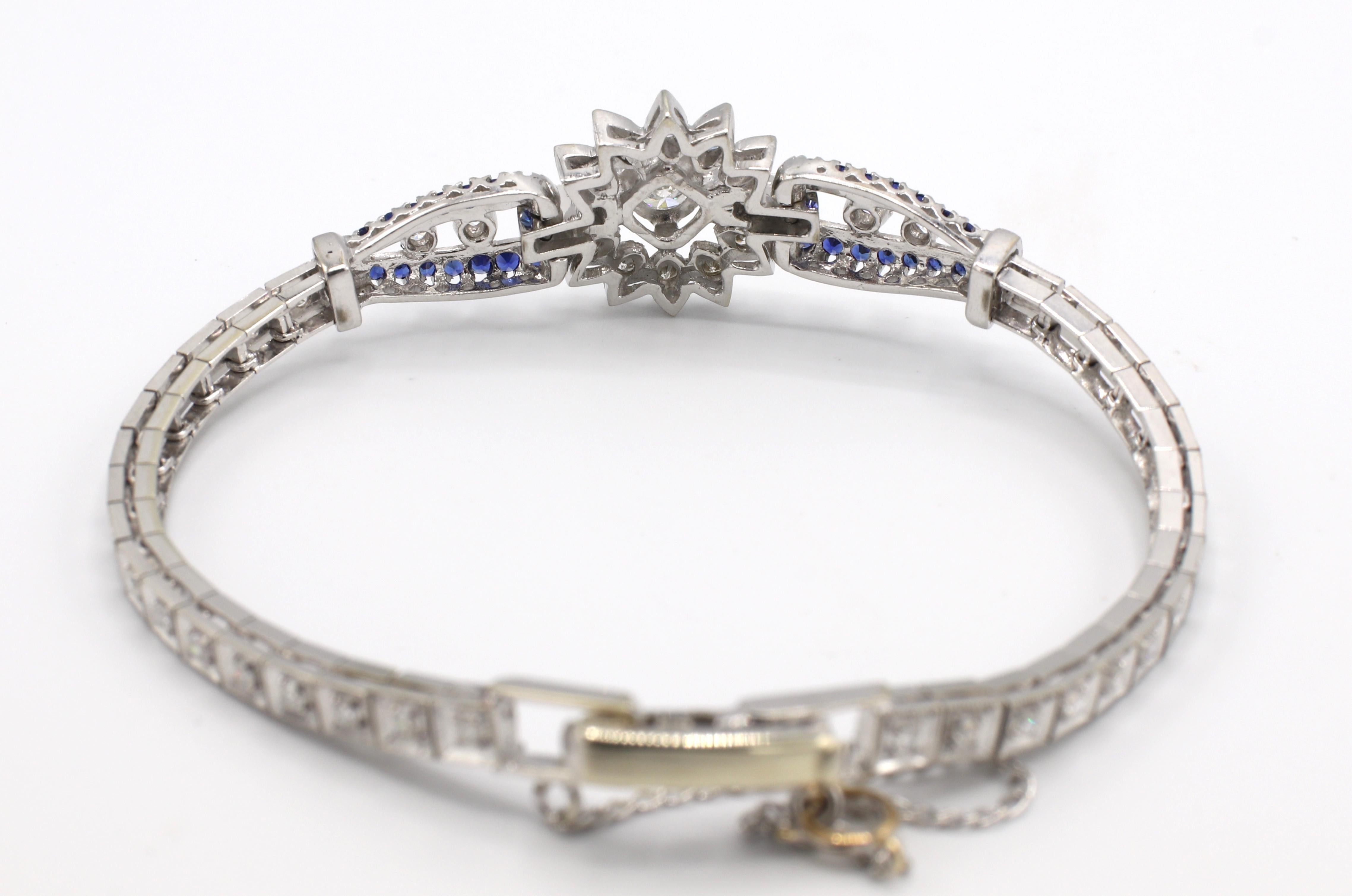 14 Karat White Gold 1.50 Carat Diamond and Blue Sapphire Bracelet In Good Condition In  Baltimore, MD