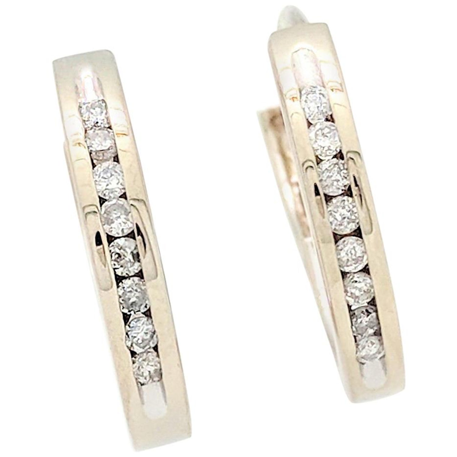 14 Karat White Gold 16 Carat Channel Set Diamond Huggie Hoop Earrings