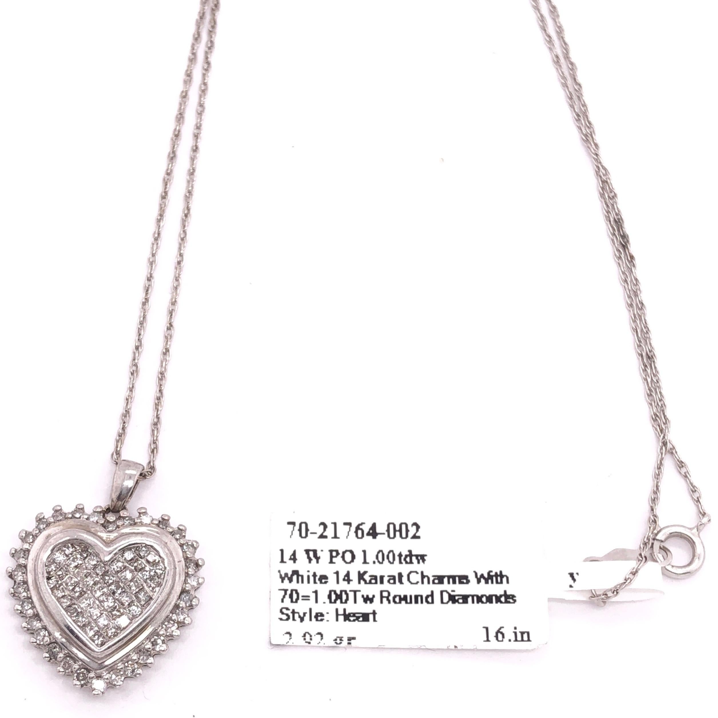 Women's or Men's 14 Karat White Gold Heart Pendant Necklace with Round Diamonds For Sale