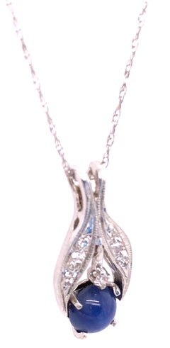 14 Karat White Gold Necklace with Cabochon Sapphire and Diamond Pendant