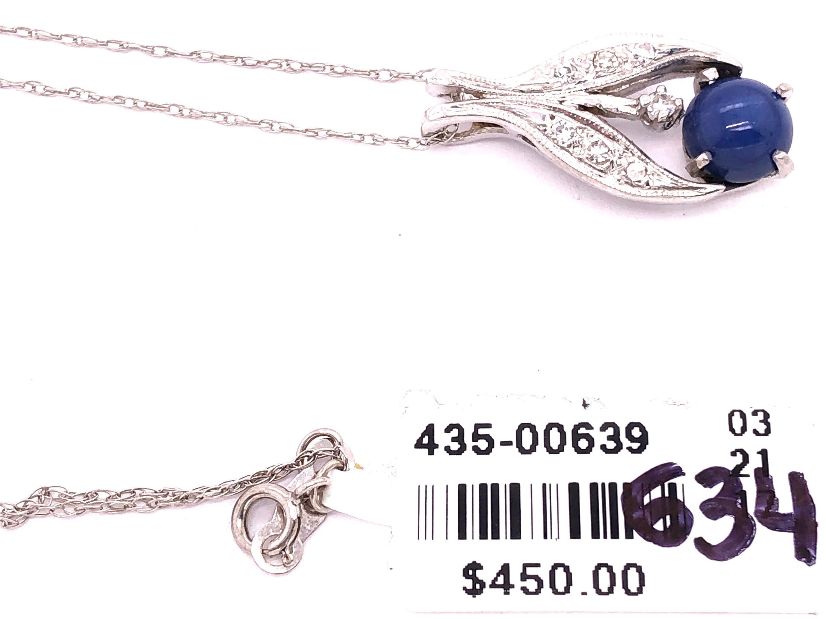 14 Karat White Gold Necklace with Cabochon Sapphire and Diamond Pendant In Good Condition For Sale In Stamford, CT