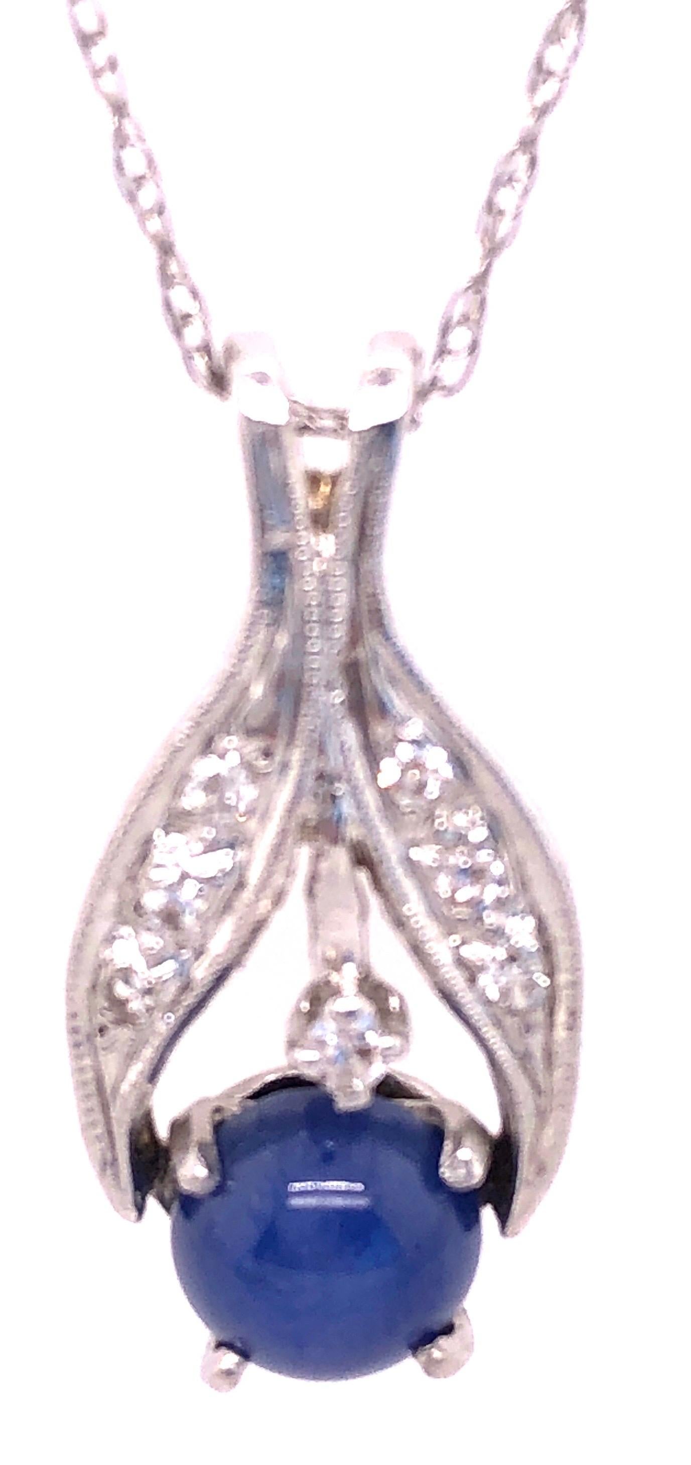 Women's or Men's 14 Karat White Gold Necklace with Cabochon Sapphire and Diamond Pendant For Sale