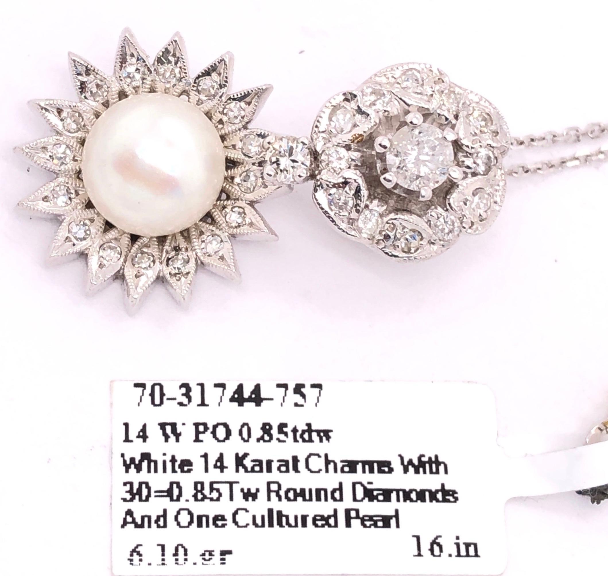 Women's or Men's 14 Karat White Gold Necklace with Diamond and Cultured Pearl Pendant For Sale