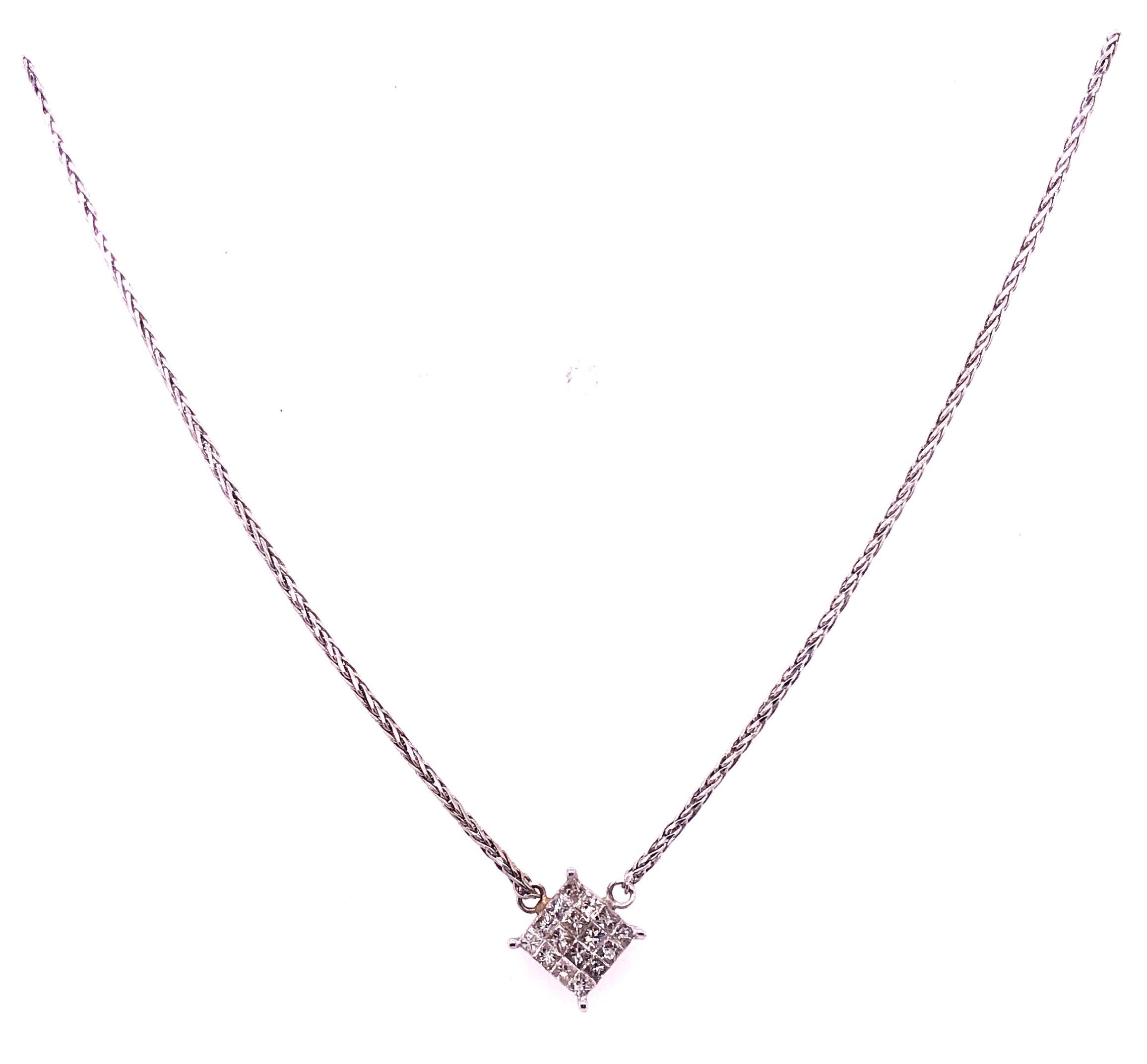 14 Karat White Gold 16 Inch Necklace with Diamond Pendant.
0.50 total diamond weight.
3.45 grams total weight.
pendant size: 7.20 mm square.