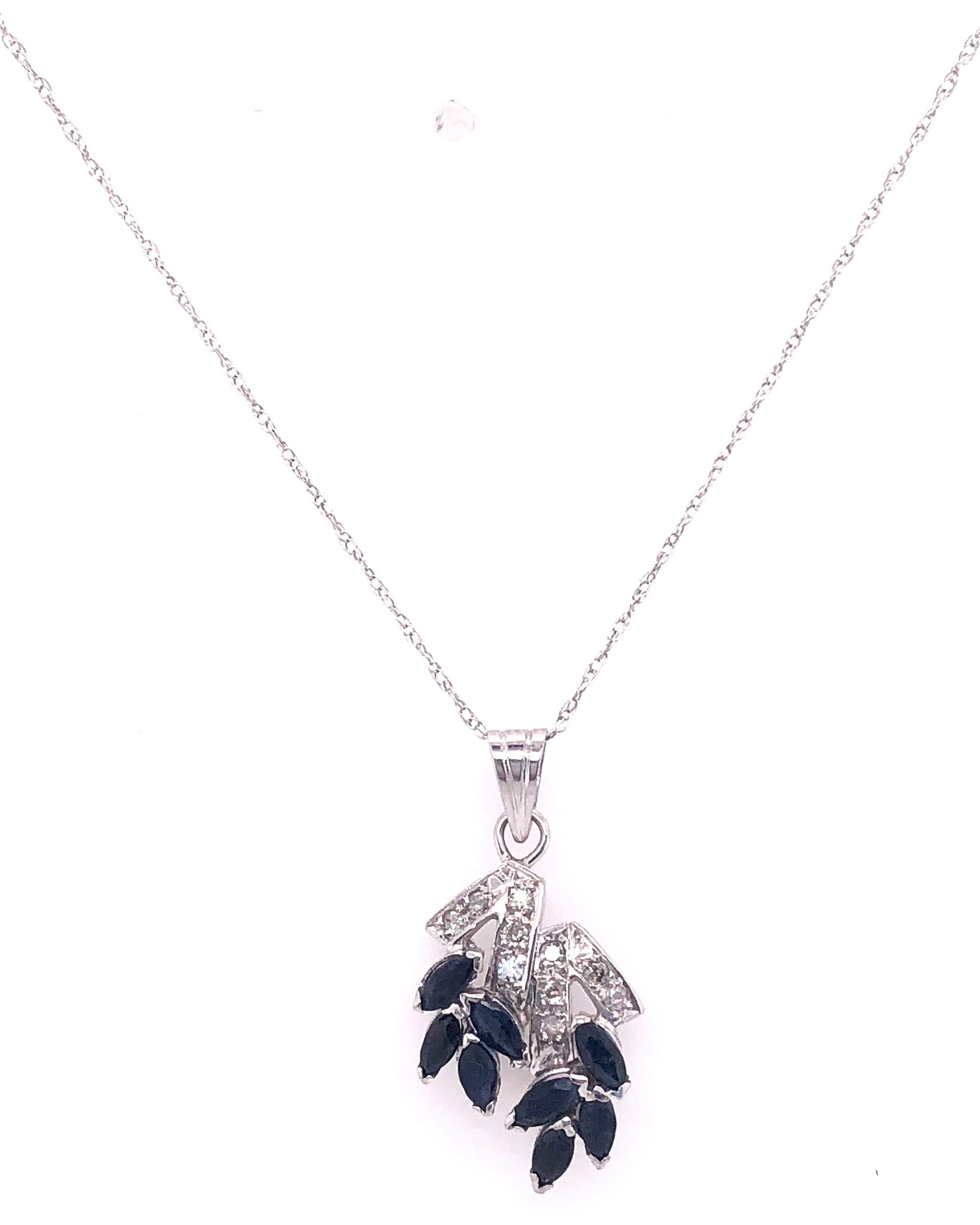 Women's or Men's 14 Karat White Gold Necklace with Marquise Sapphires and Diamond Pendant