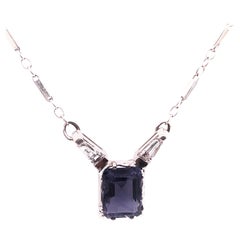 14 Karat White Gold Pendant Necklace with One Square Cushion Tanzannite