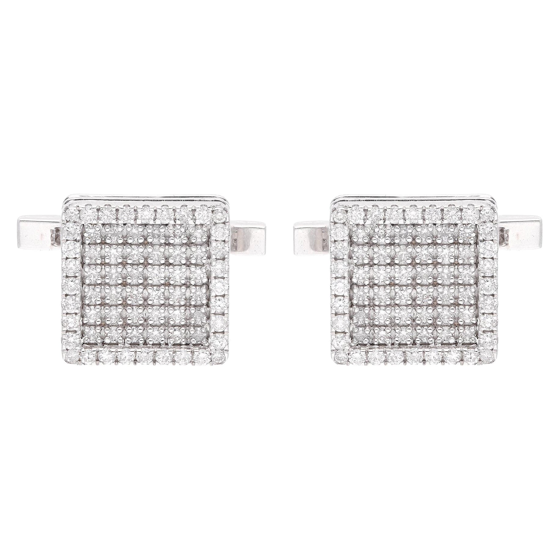 14 Karat White Gold 1.60 Carat Pave Set Diamond Square Cufflink Men's Jewelry