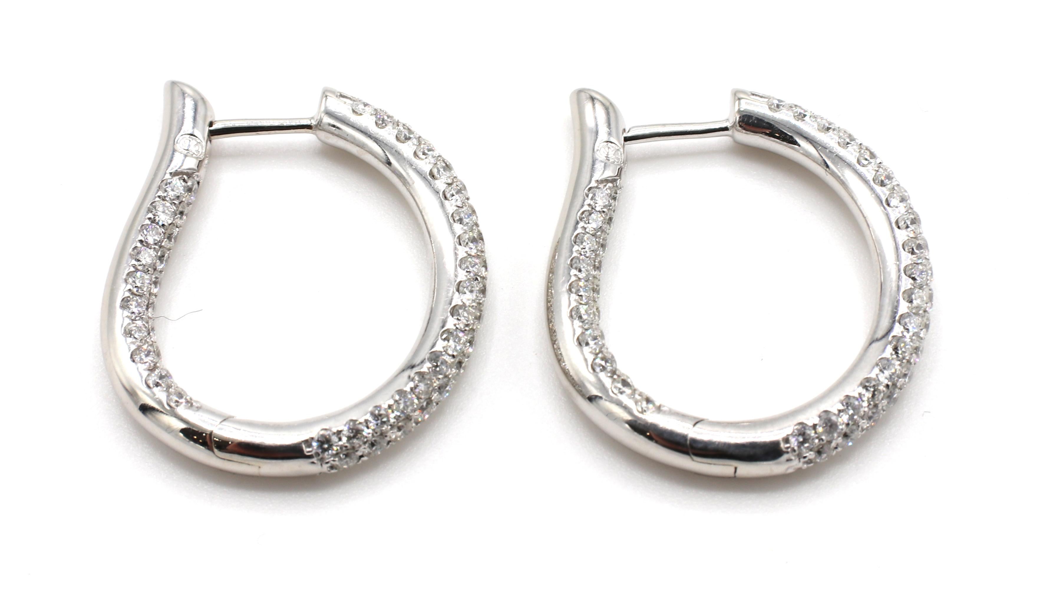 Modern 14 Karat White Gold 1.75 Carat Round Diamond Inside Outside Hoop Earrings