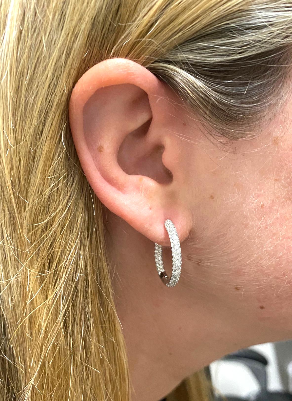 Women's or Men's 14 Karat White Gold 1.75 Carat Round Diamond Inside Outside Hoop Earrings