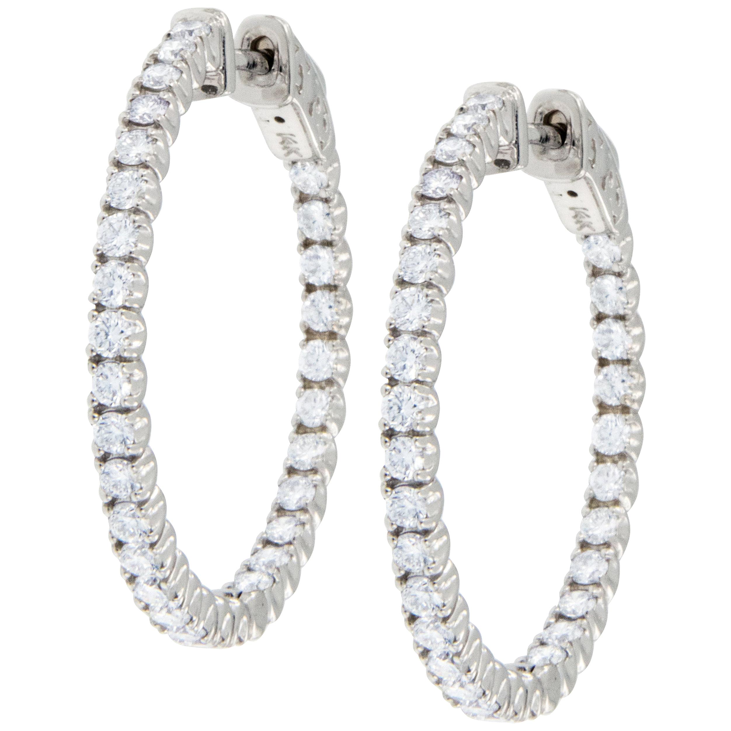 14 Karat White Gold 1.76 Carat Diamond Inside / Outside Hoop Earrings For Sale