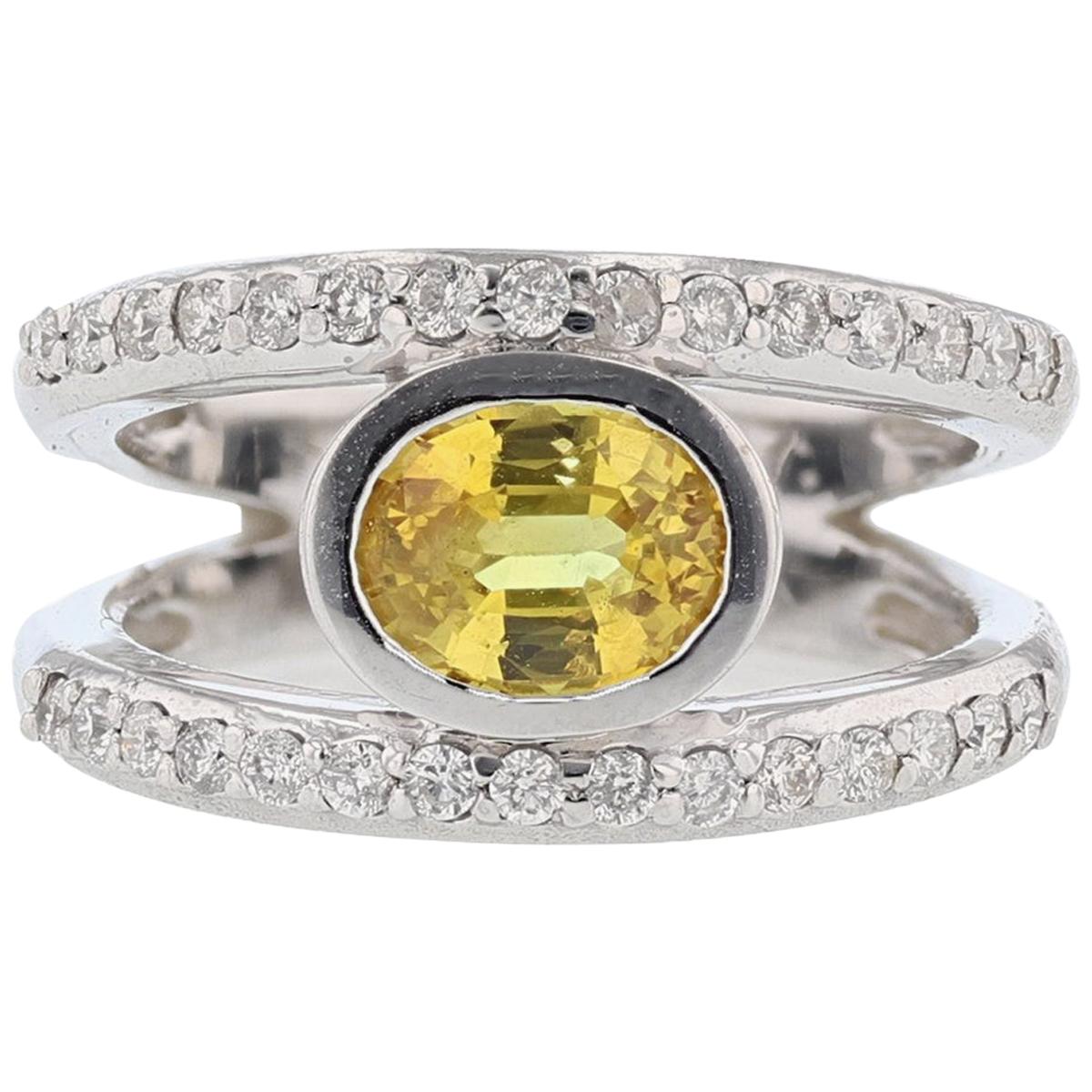 14 Karat White Gold 1.79 Carat Oval Yellow Sapphire Diamond Ring