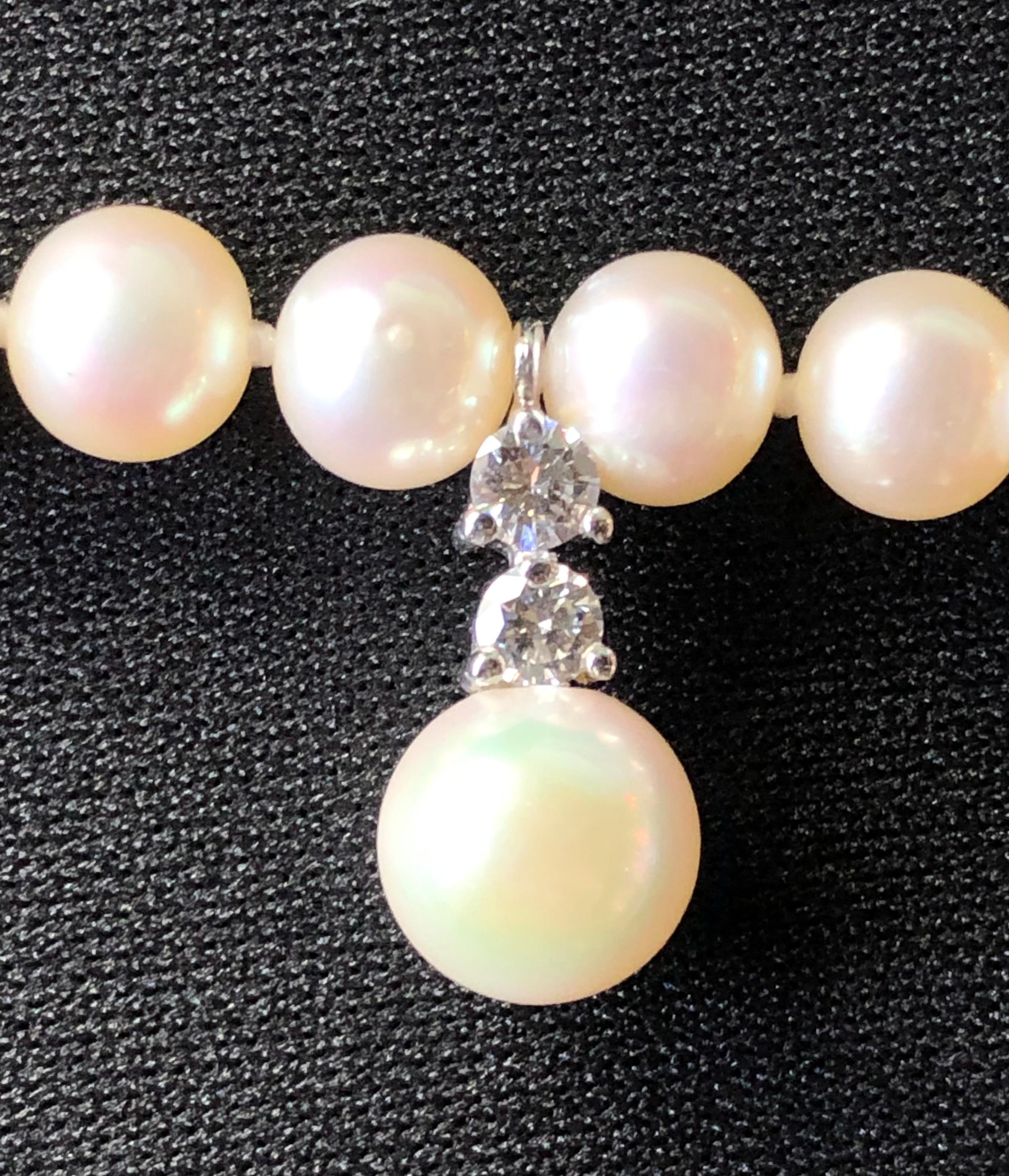 da uomo o donna Collana di perle in oro bianco 14 carati da 18 pollici con diamanti rotondi in vendita