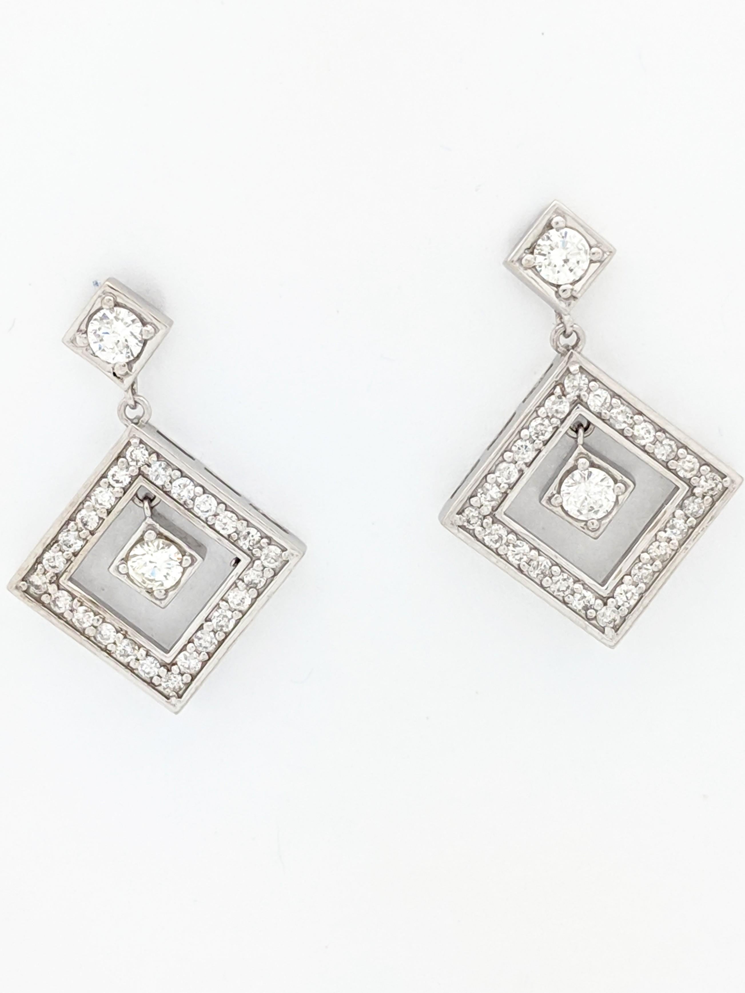 Women's or Men's 14 Karat White Gold 1.80 Carat Diamond Dangle/Drop Earrings SI2/H For Sale