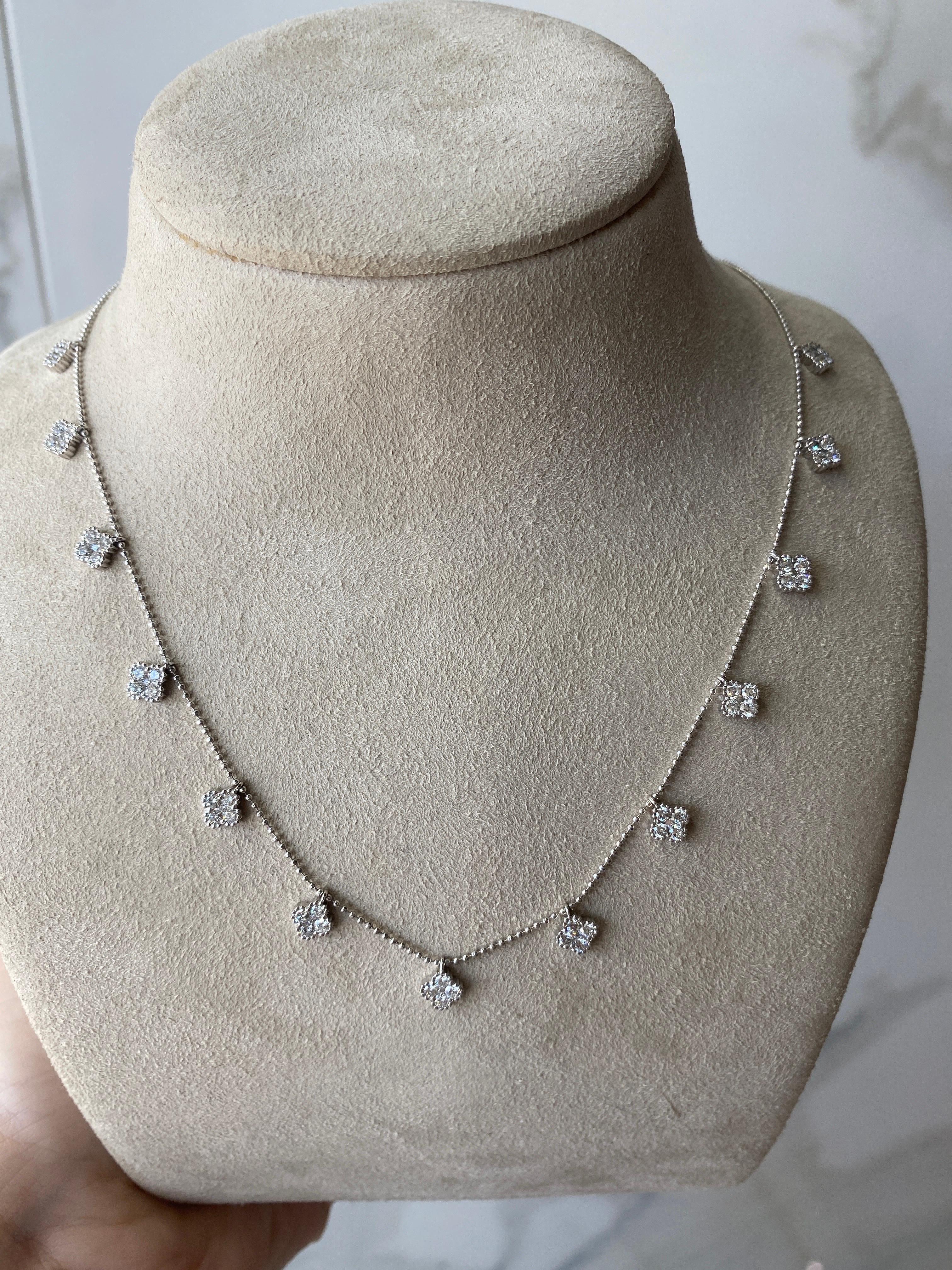 14 Karat White Gold 1.80 Carat Total Weight Round Diamond Station Necklace In New Condition For Sale In Houston, TX