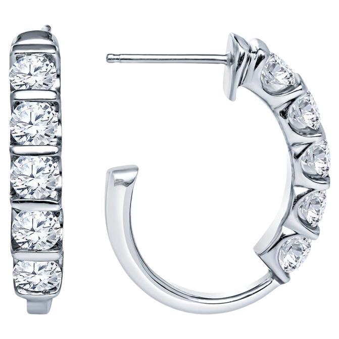 14 Karat White Gold 2.00 Carat Total Weight Diamond Hoop Earrings For Sale