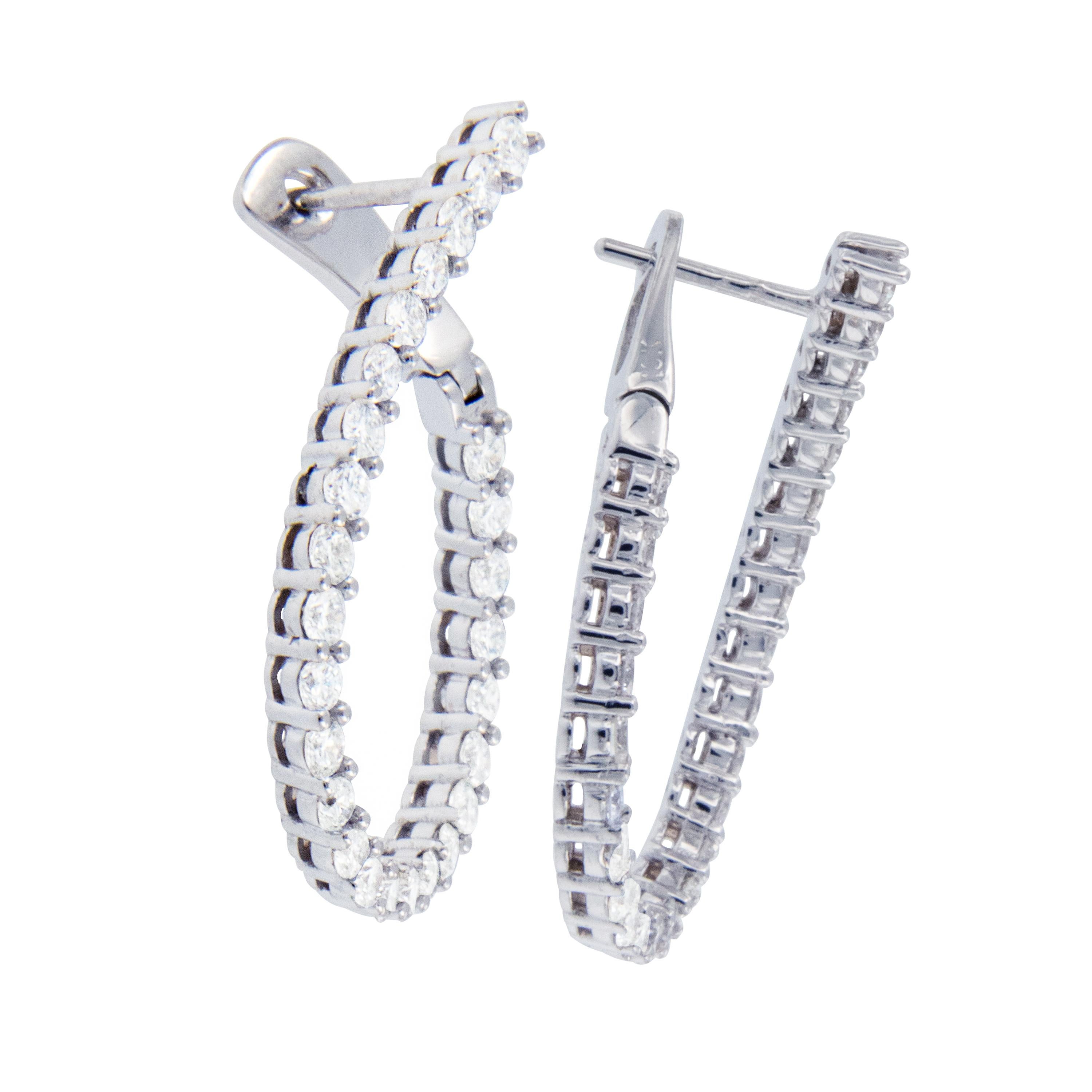 Round Cut 18 Karat White Gold 2.33 Carat Diamond East, West Inside Outside Hoop Earrings