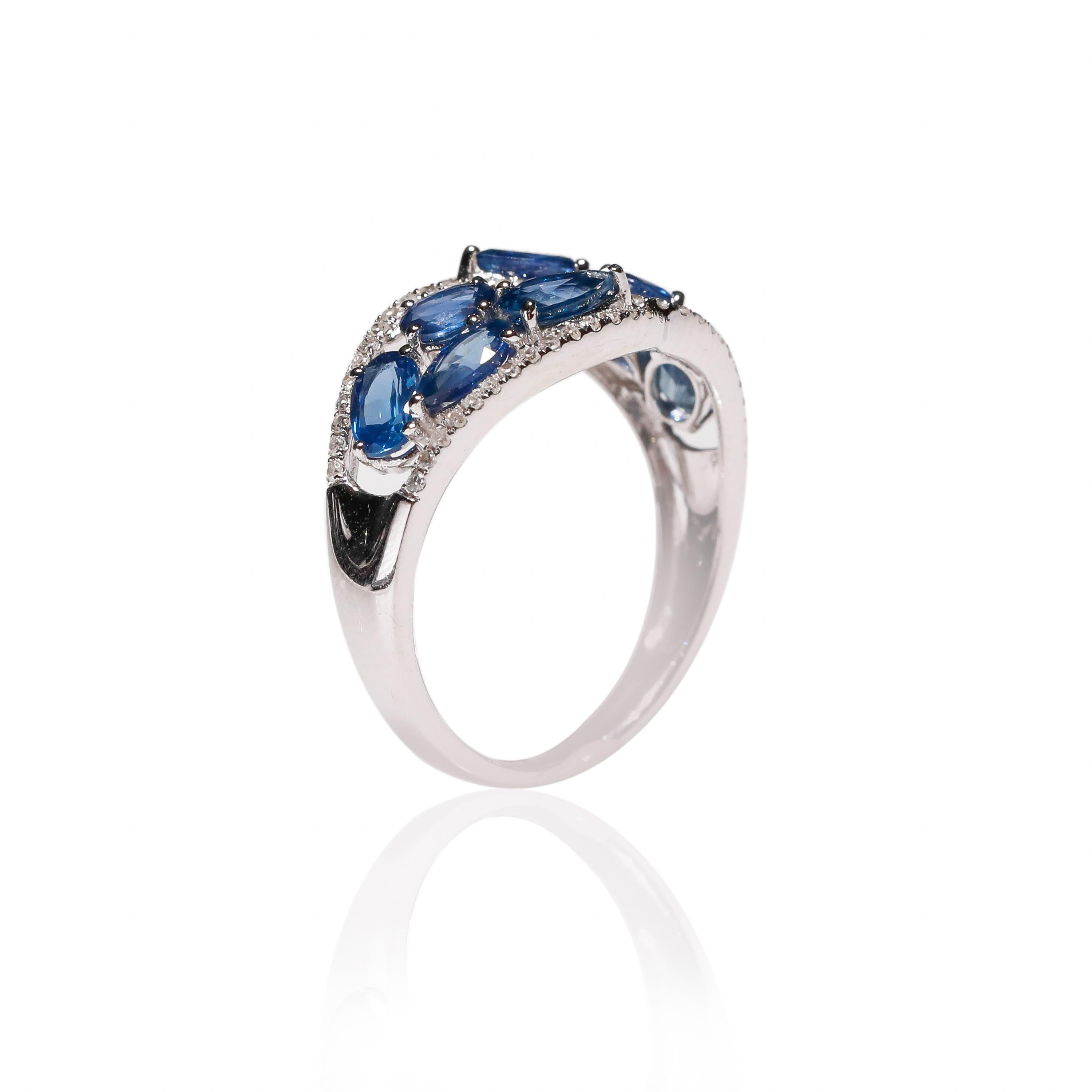 14 Karat White Gold 2.24 Carat Oval Blue Sapphire 0.22 Carat Diamond Band Ring 1