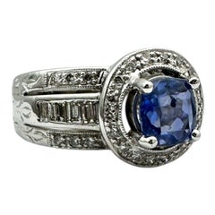 14 Karat White Gold 2.25ctw Cushion Blue Sapphire Halo Diamond, Baguette Ring