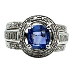 14 Karat White Gold 2.25ctw Cushion Blue Sapphire Halo Diamond, Baguette Ring