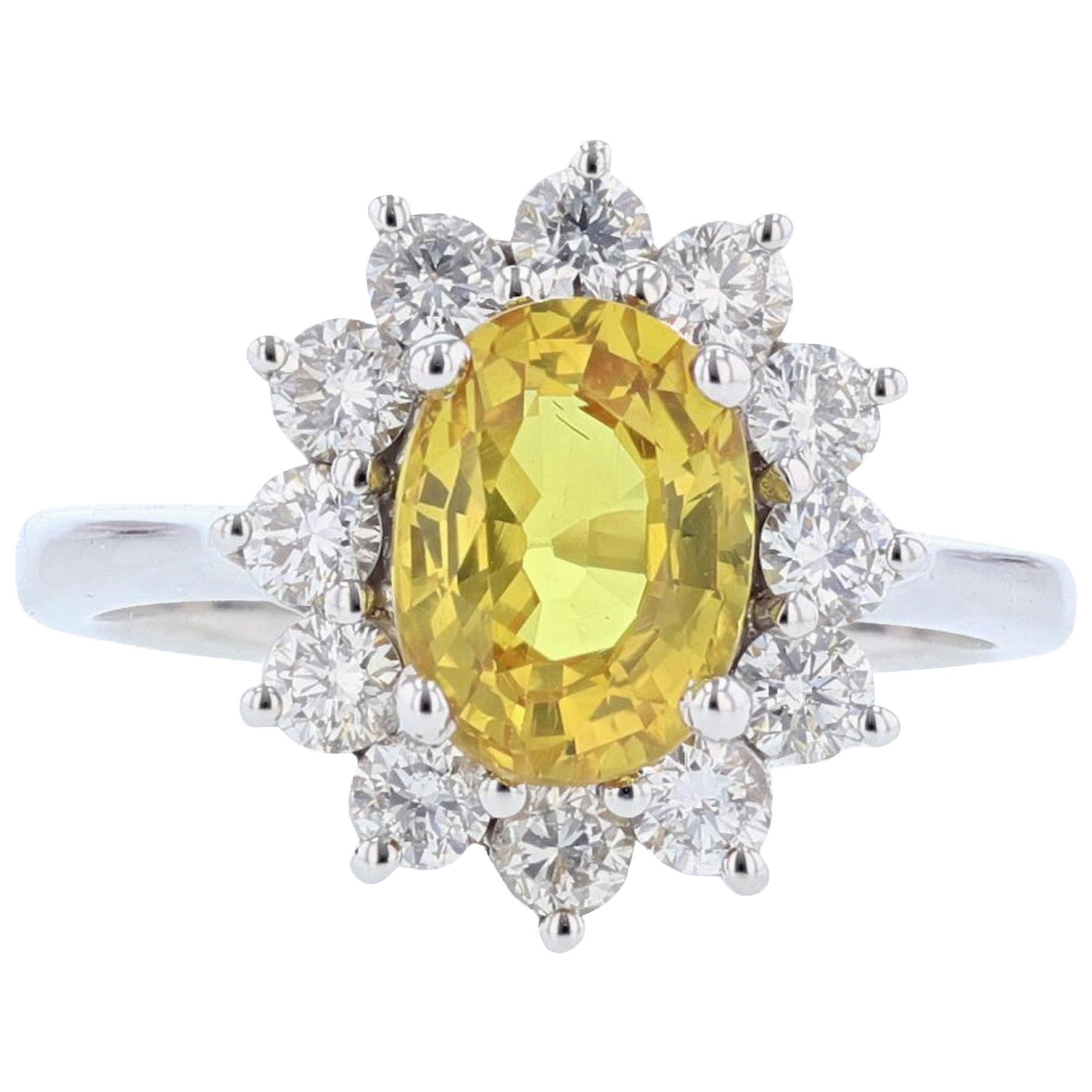 14 Karat White Gold 2.49 Carat Oval Yellow Sapphire Diamond Ring For Sale