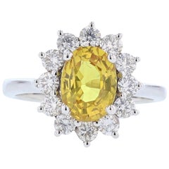 14 Karat White Gold 2.49 Carat Oval Yellow Sapphire Diamond Ring