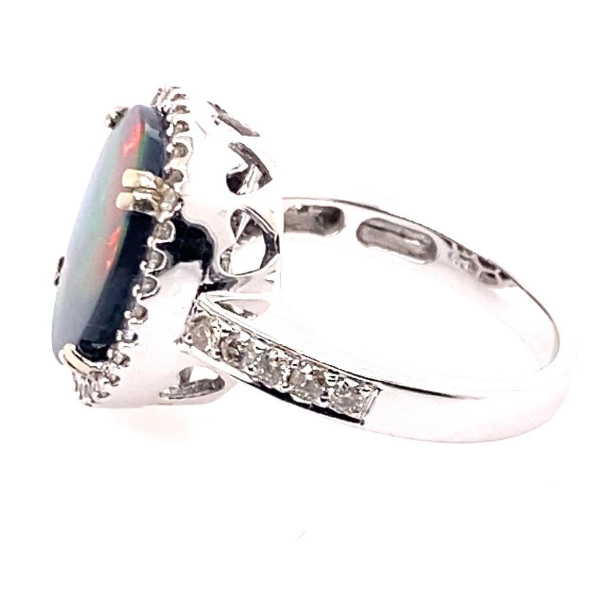 Cabochon 14 Karat White Gold 2.60 Carat Australian Black Opal Diamond Cluster Ring For Sale