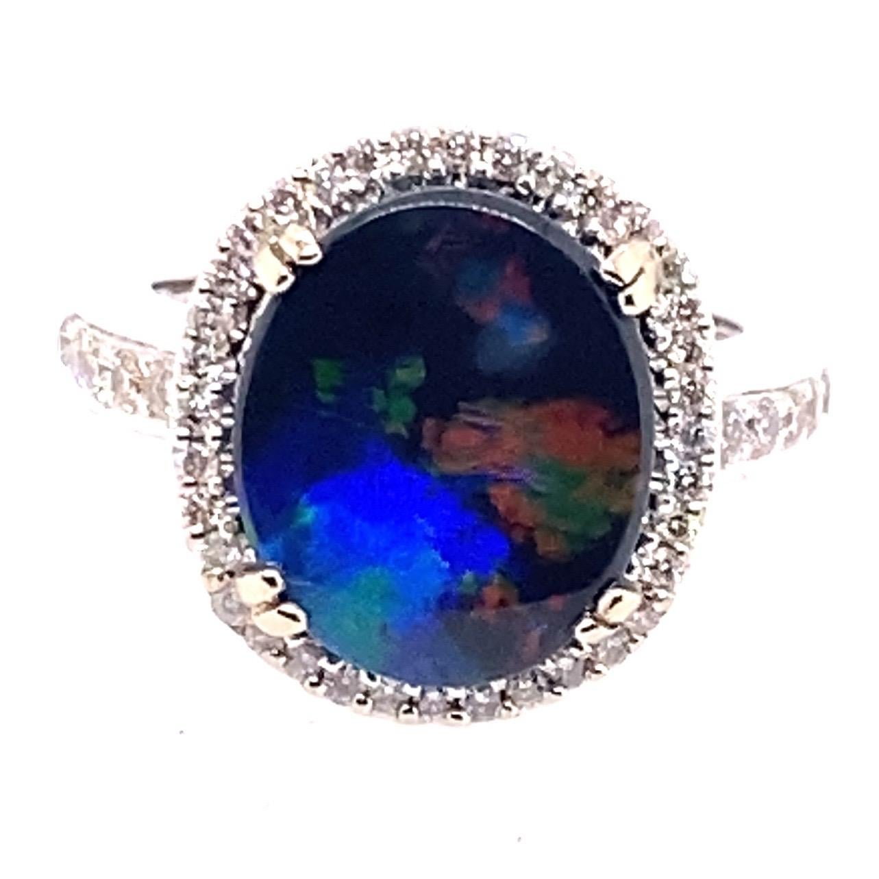14 Karat White Gold 2.60 Carat Australian Black Opal Diamond Cluster Ring In New Condition For Sale In Indooroopilly, QLD