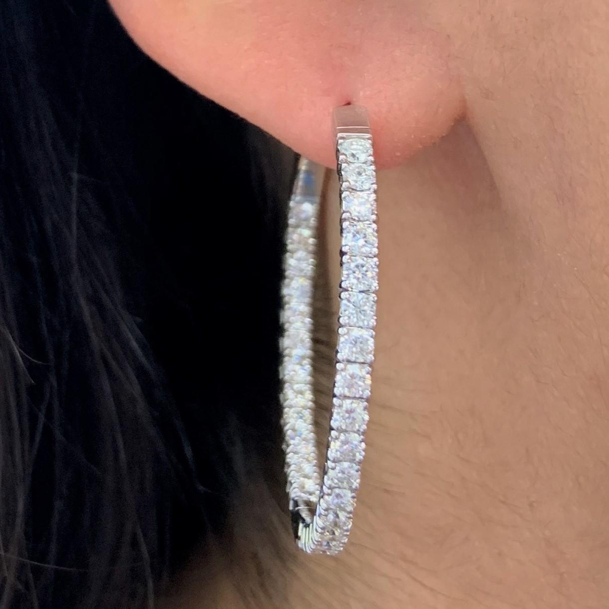Round Cut 14 Karat White Gold 2.75 Carat Diamond Flexible Hoop Earrings For Sale