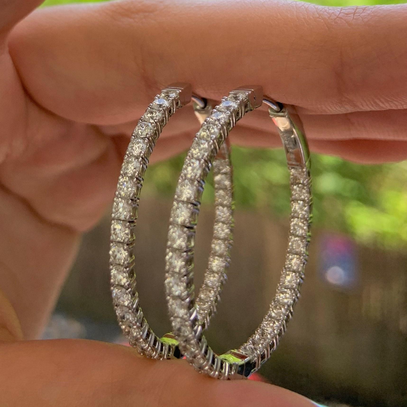 Women's 14 Karat White Gold 2.75 Carat Diamond Flexible Hoop Earrings For Sale