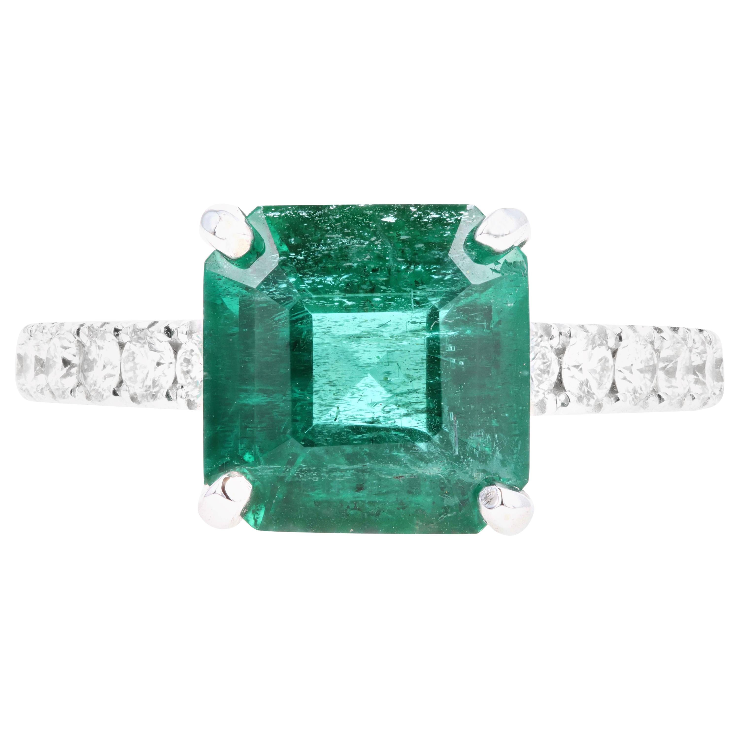 14 Karat White Gold 2.83 Carat Natural Emerald and Diamond Ring