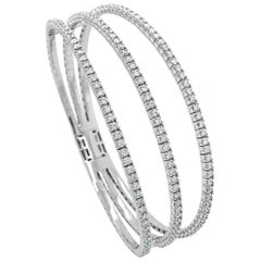 Bracelet jonc souple à trois rangées en or blanc 14 carats avec diamants de 2,85 carats