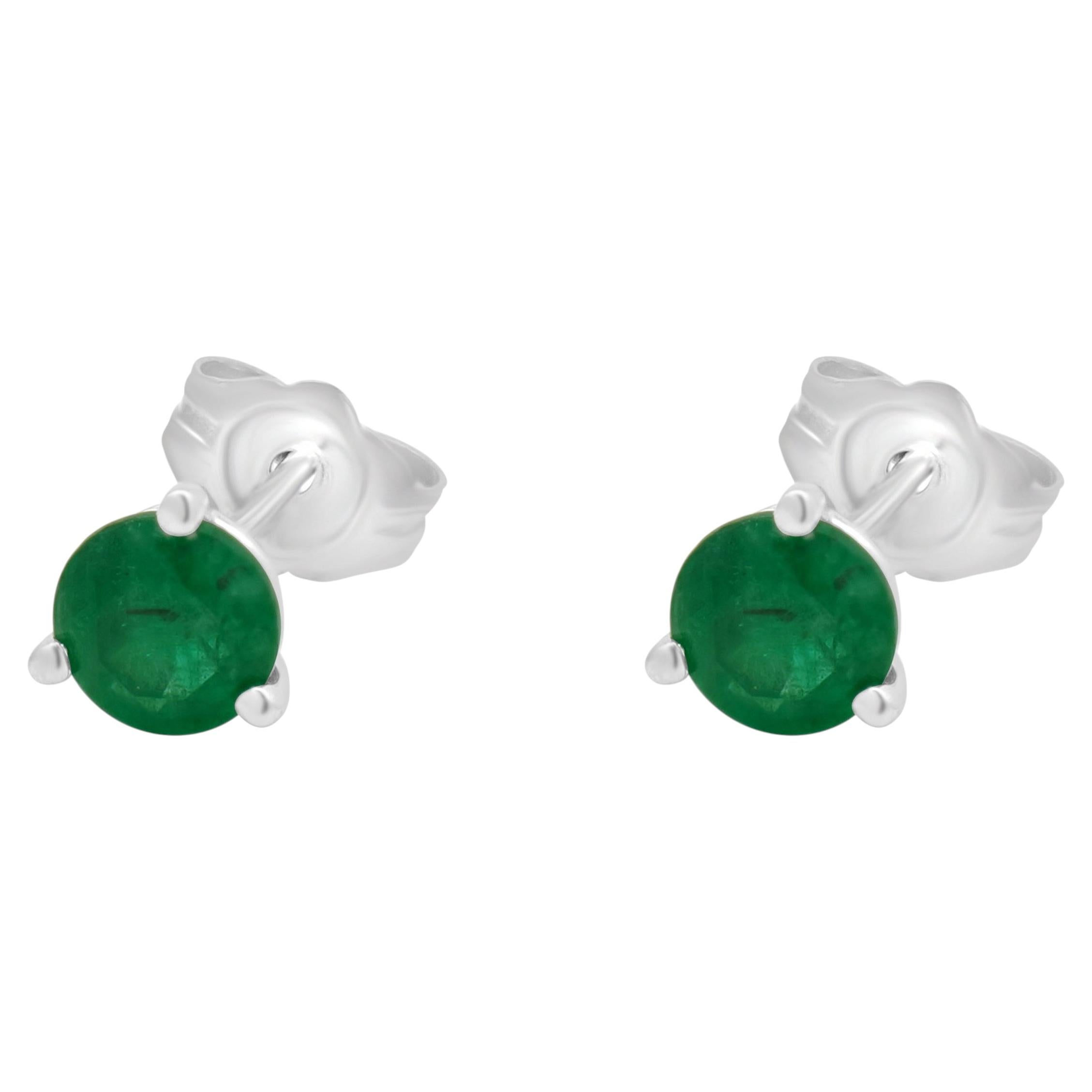 14 Karat White Gold 3-Prong Set Round Emerald Cut Martini Stud Earrings For Sale