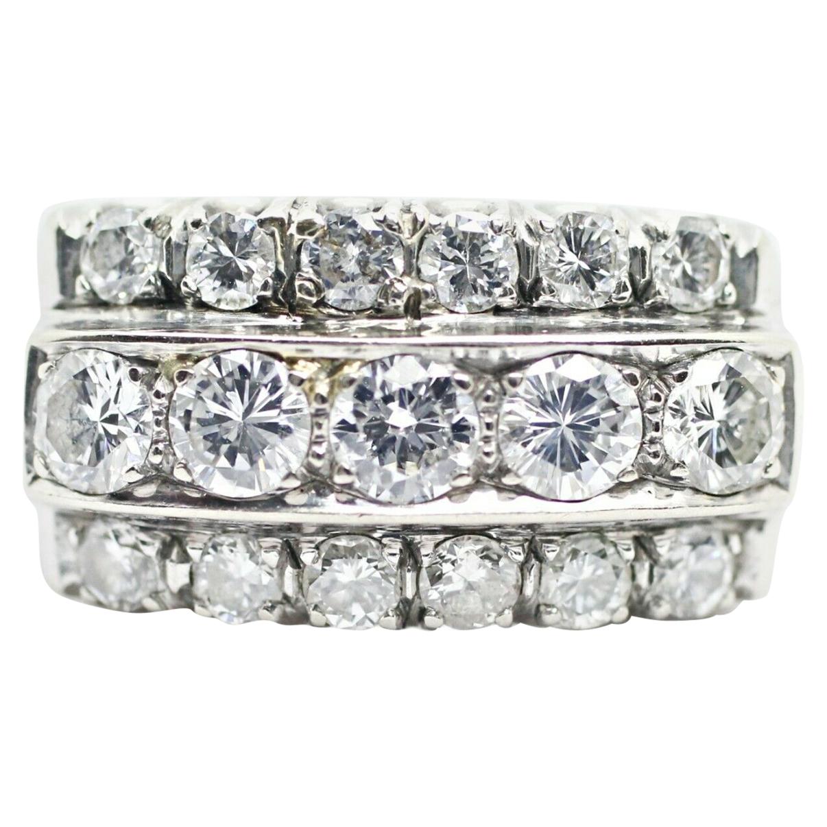 14 Karat White Gold 3-Row Diamond Wedding Ring 1.62 Carat For Sale
