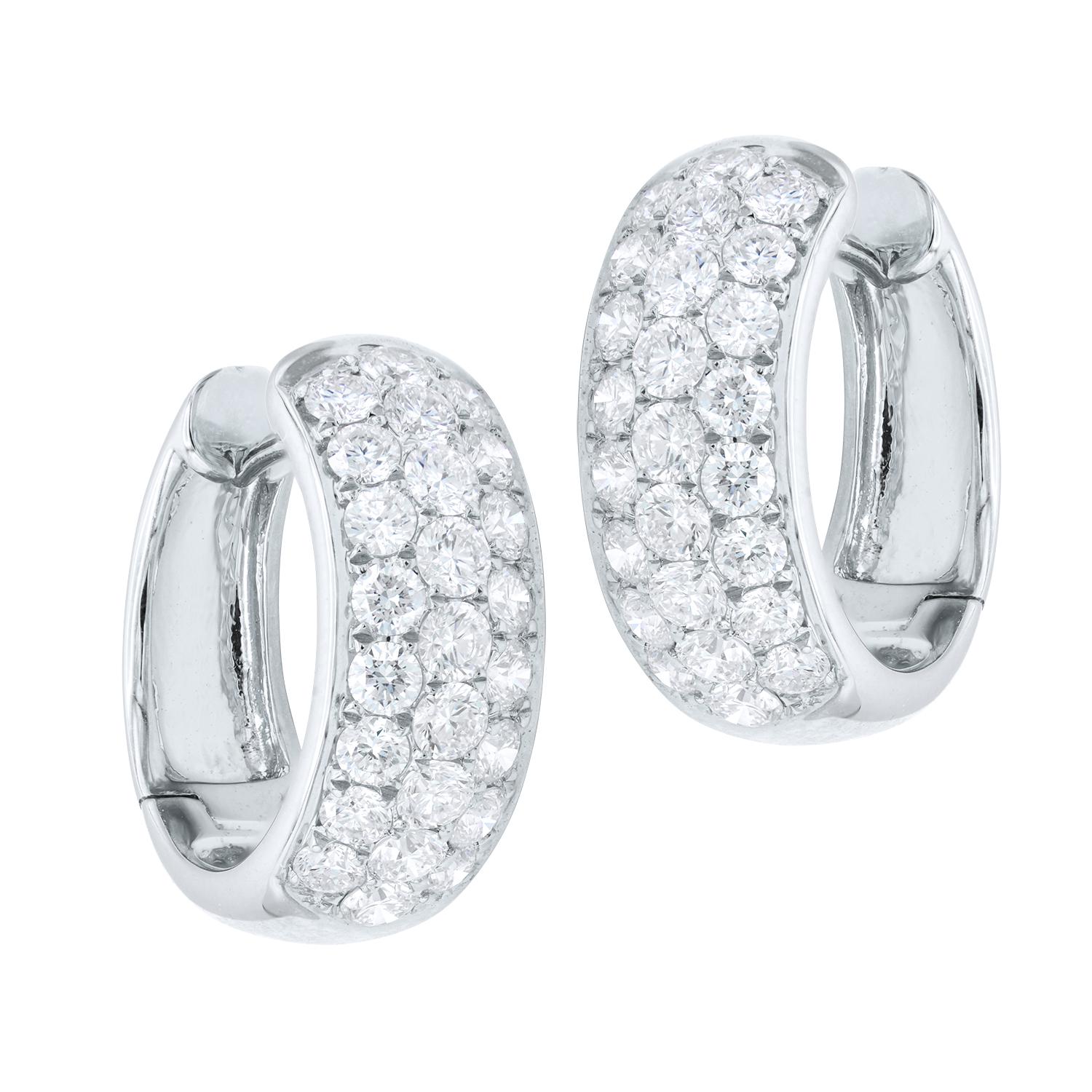Contemporary 14 Karat White Gold 3 Rows of Diamond, Hoop Earrings For Sale