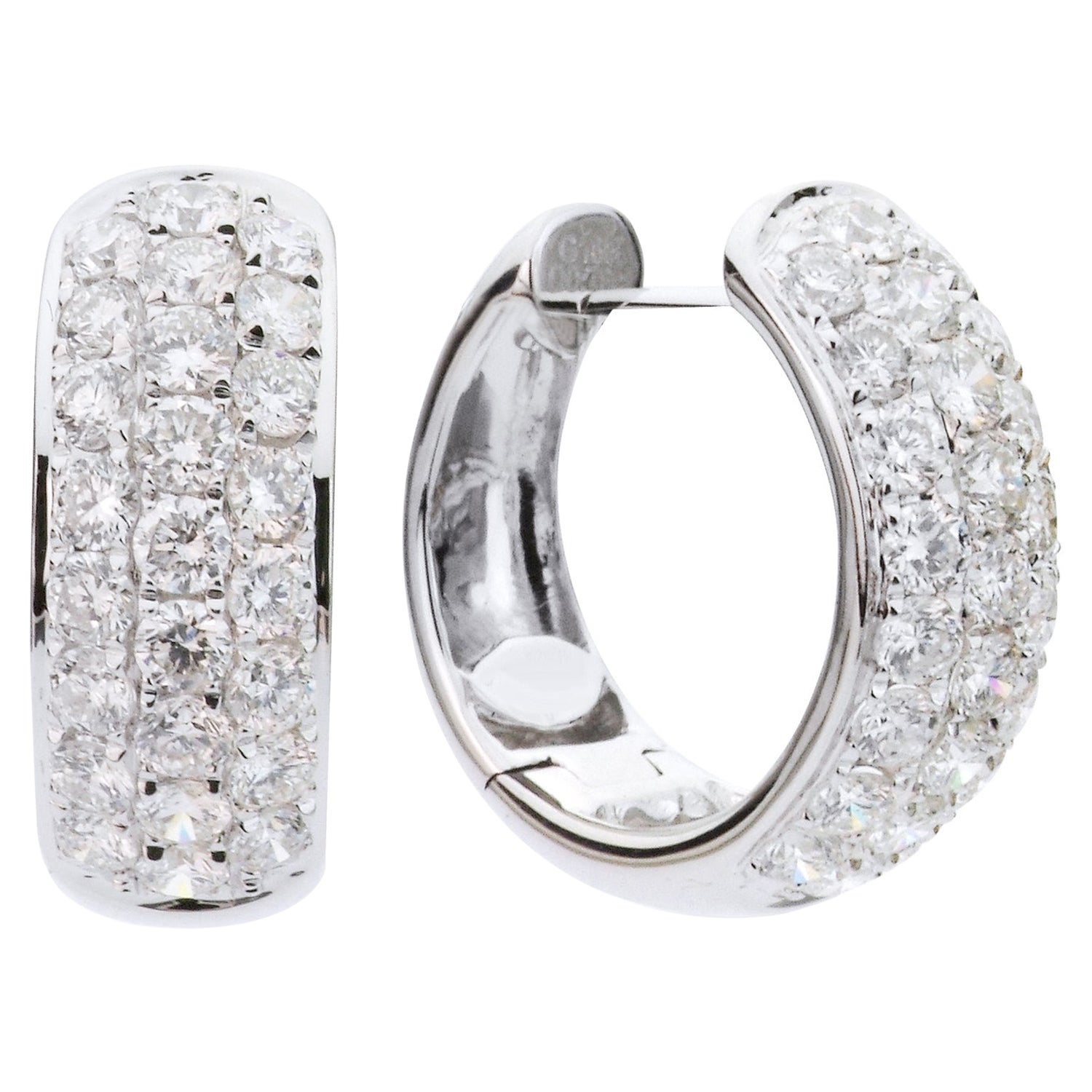 14 Karat White Gold 3 Rows of Diamond, Hoop Earrings For Sale