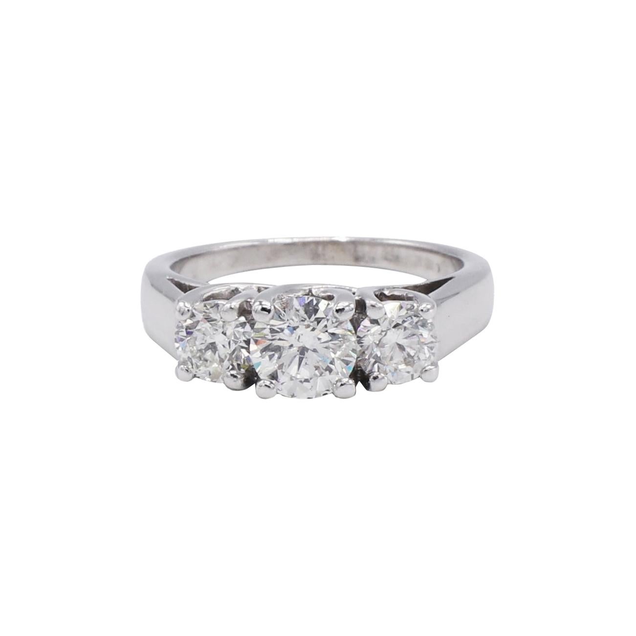 14 Karat White Gold 3-Stone Round Brilliant Cut Diamond Engagement Ring