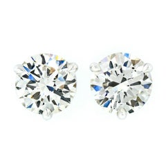 14 Karat White Gold 3.03 Carat Martini Prong Set GIA Round Diamond Stud Earrings
