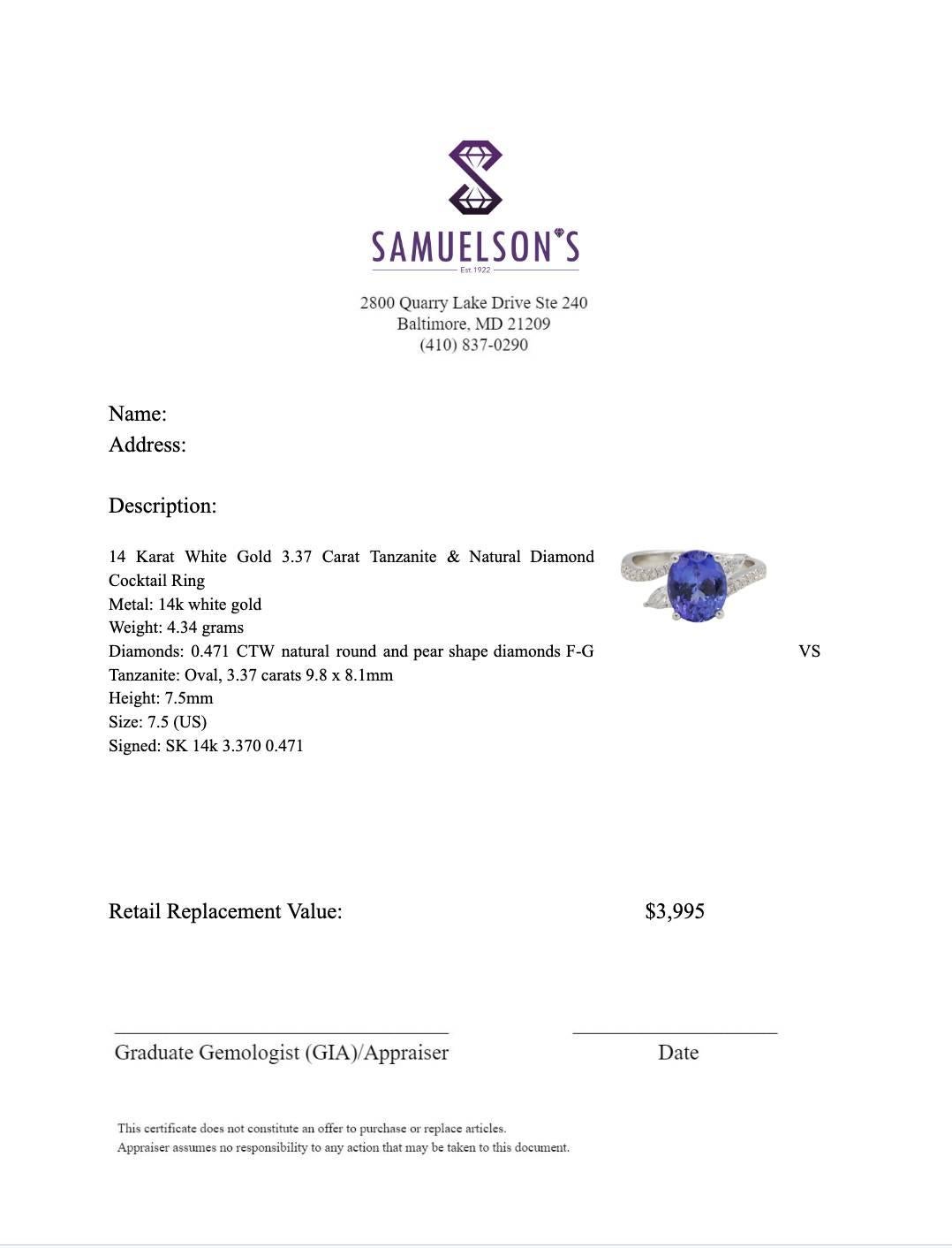 Women's 14 Karat White Gold 3.37 Carat Tanzanite & Natural Diamond Cocktail Ring