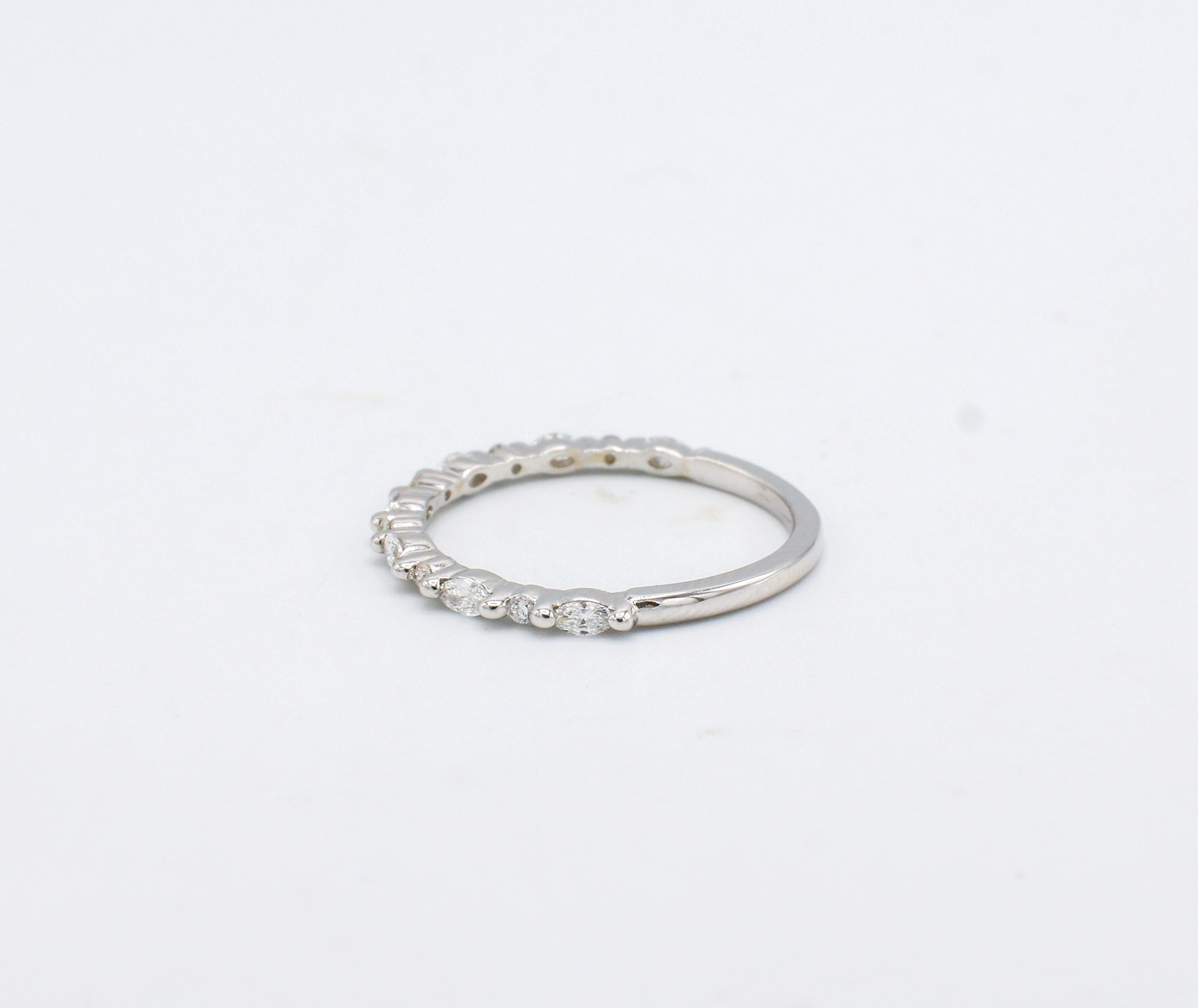 Modern 14 Karat White Gold .35 Carat Marquise & Round Diamond Half Wedding Band Ring  For Sale