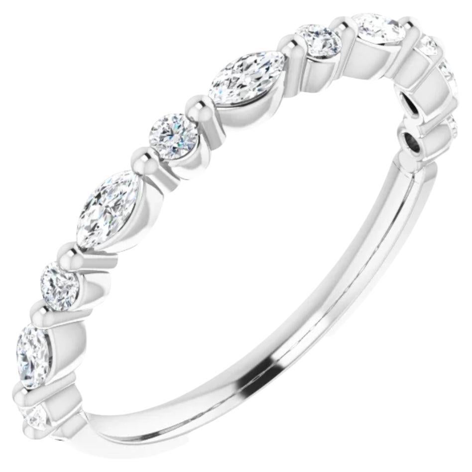 14 Karat White Gold .35 Carat Marquise & Round Diamond Half Wedding Band Ring  For Sale