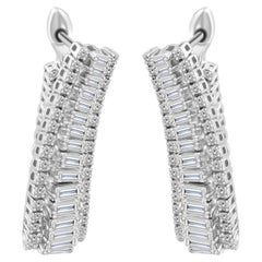 14 Karat White Gold 3.51 Carat SI/H Baguette Round Diamond Chain Hoop Earrings