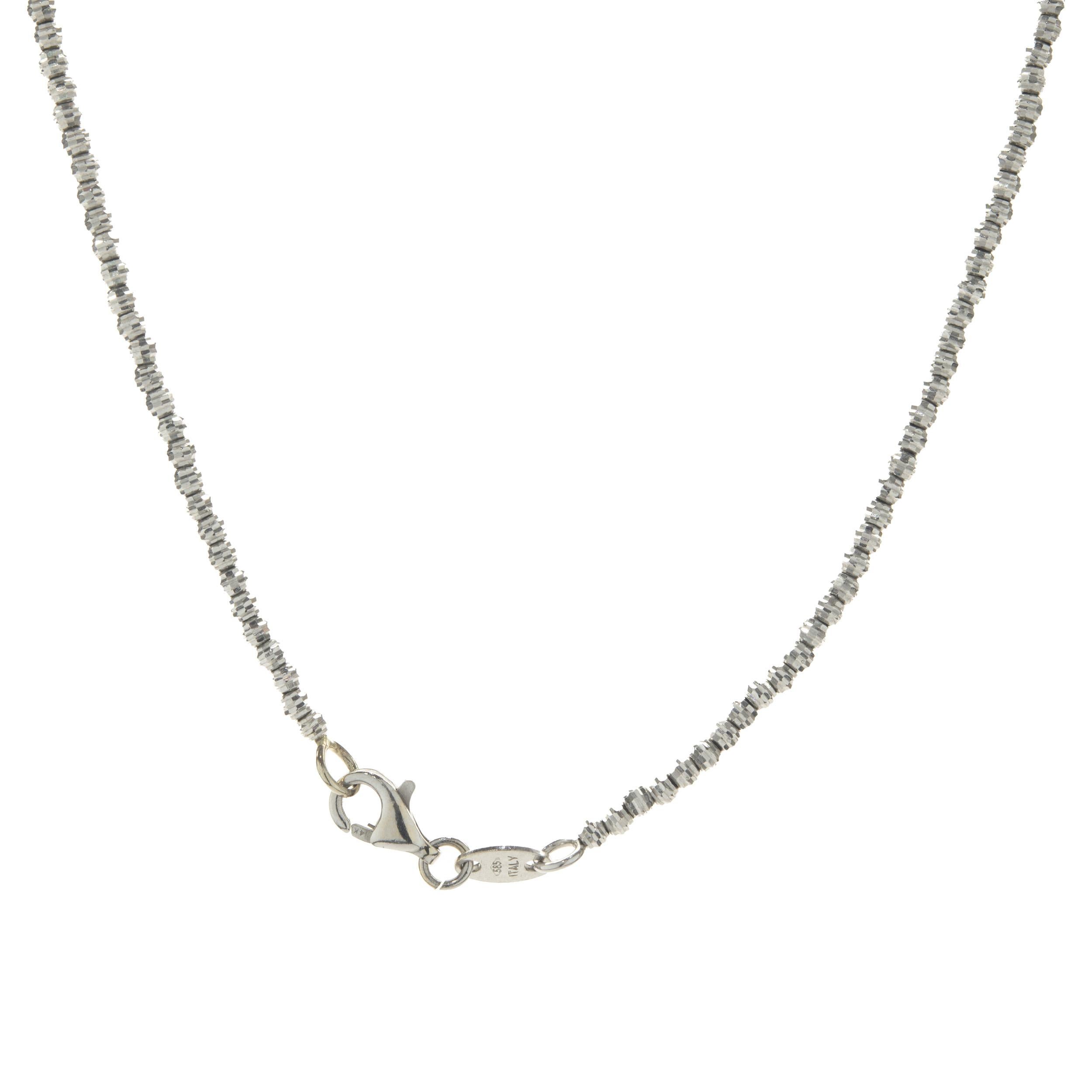 Material: 14K white gold
Dimensions: necklace measures 14-inches in length
Weight: 5.38 grams
