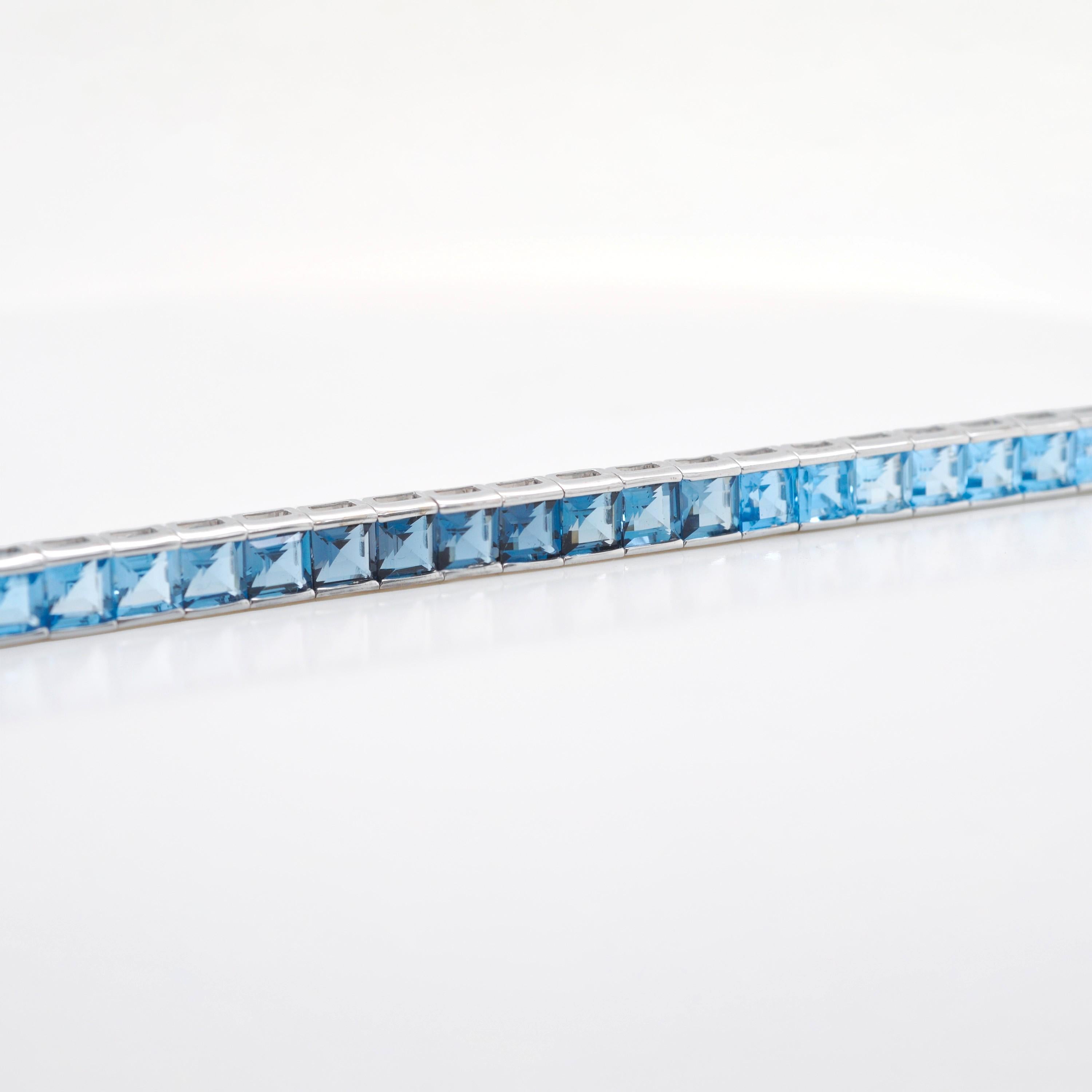 14 Karat White Gold 4 MM Square Cut Blue Topaz Gemstones Tennis Link Bracelet For Sale 5