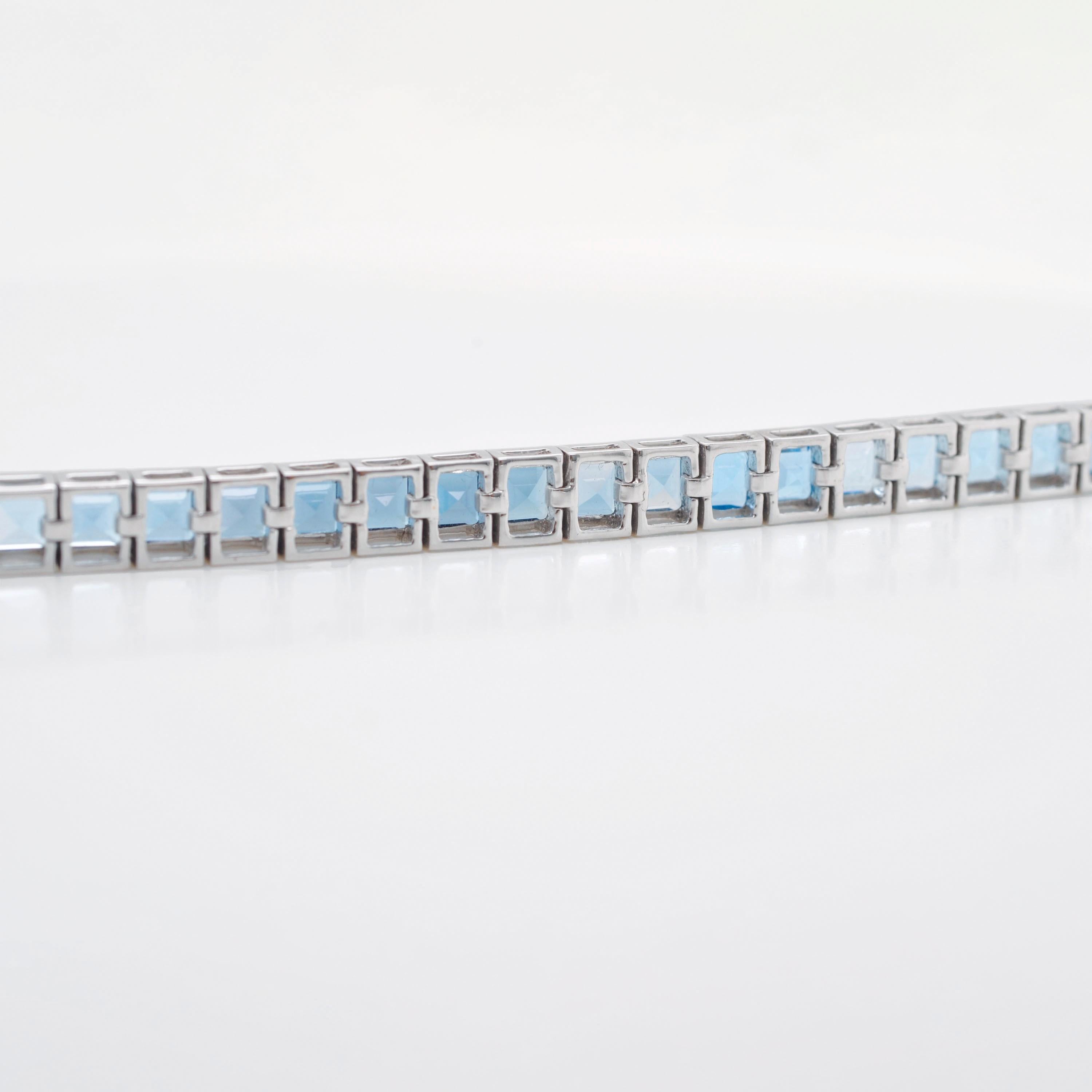 14 Karat White Gold 4 MM Square Cut Blue Topaz Gemstones Tennis Link Bracelet For Sale 6