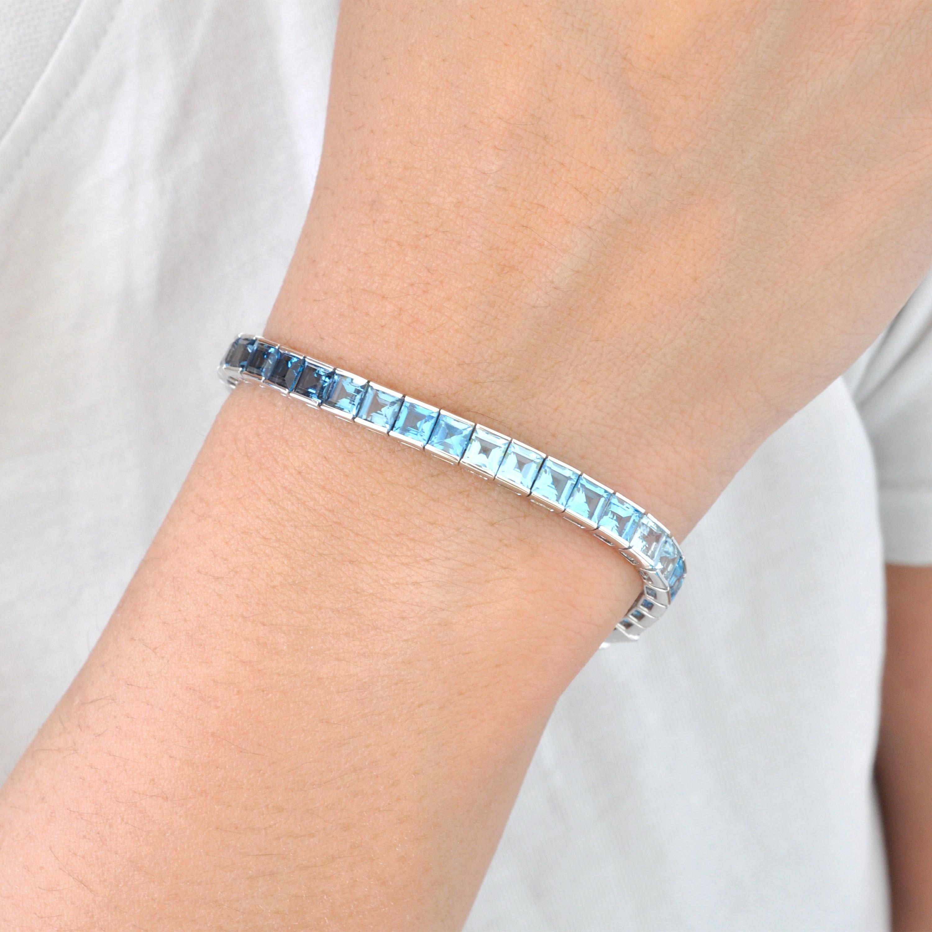 14 Karat White Gold 4 MM Square Cut Blue Topaz Gemstones Tennis Link Bracelet For Sale 8
